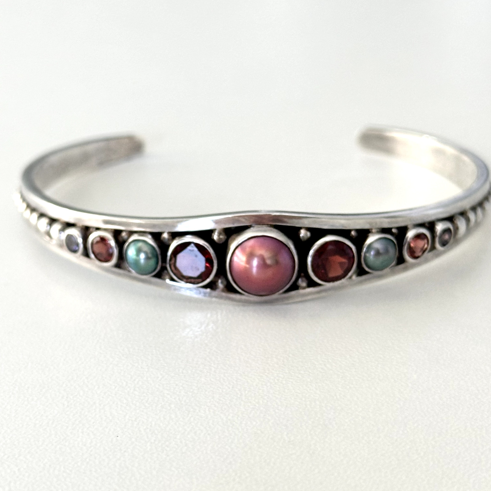 925 Sterling Silver Vintage Multi Gemstone Pearl Garnet Iolite Cuff Bracelet