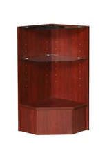 Cherry Wood Veneer Corner Pentagon Display Case with Tempered Glass Shelves
