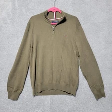 Tommy Hilfiger Mens 1/4 Zip Pullover Olive Green Cotton Size Large Sweater Shirt