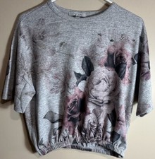 Gaze Women's Fine Gauge Knit Top Elastic Hem Short Sleeves Floral Small