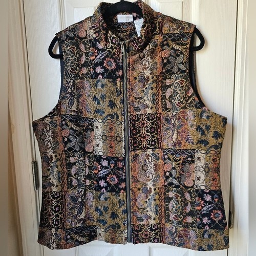Vintage Gobelin Weste Damen XL Blumen 90er Kunst Paisley Patchwork Oma Landhaus
