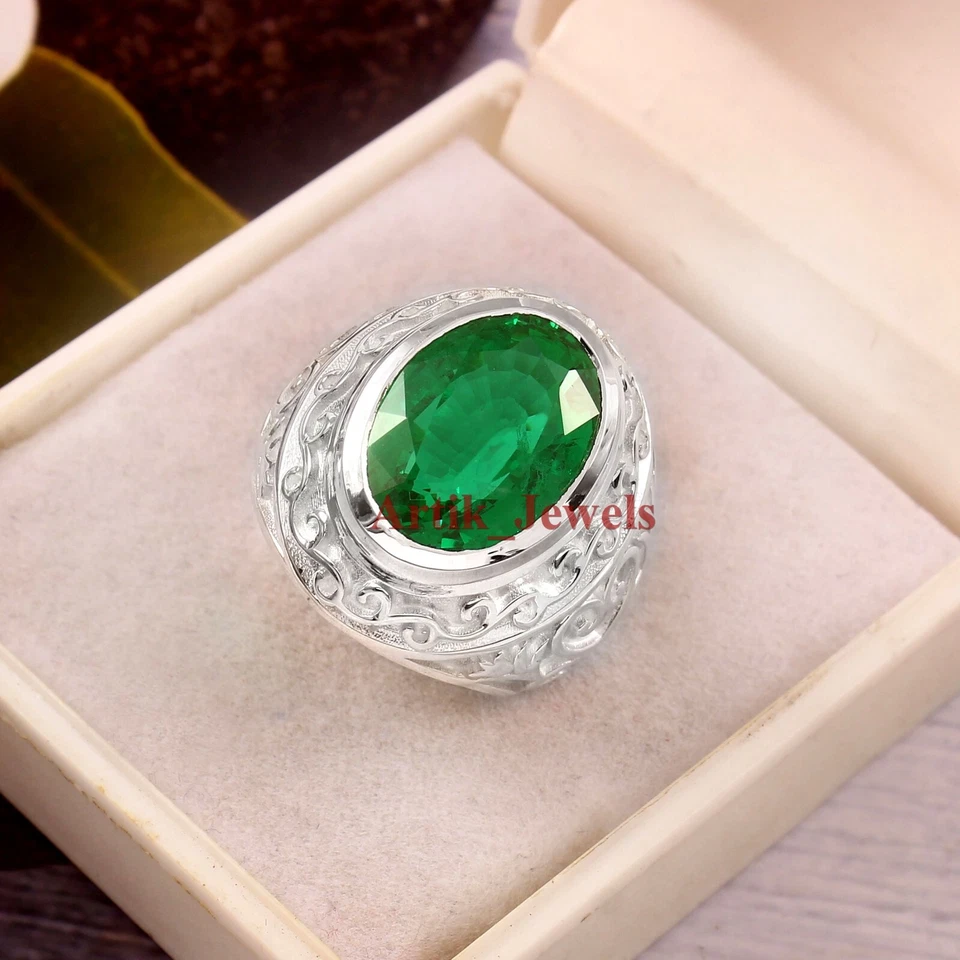 Künstlicher Smaragd Edelstein Mit 925 Sterlingsilber Ring für Herren #1282 - Bild 2 von 4