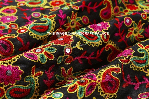 Indian Thick Black Paisley Embroidery Dupioni Silk Fabric Dress Craft by 5 yard - Picture 3 of 3