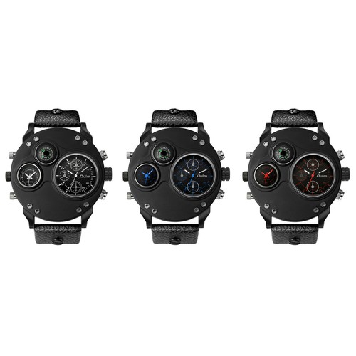 Herren Sport Zwei Zeitzonen Uhr Rund Großes Zifferblatt Lederband Quarz Armbanduhr - Bild 20 von 20