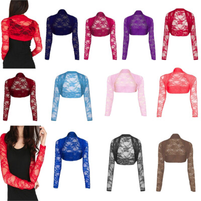 Womens Open Front Cropped Lace Bolero Shrug Long Sleeve
