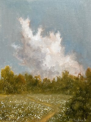 Original Oil Painting Clouds Painting Neutral Landscape Vintage Style 8.5x11