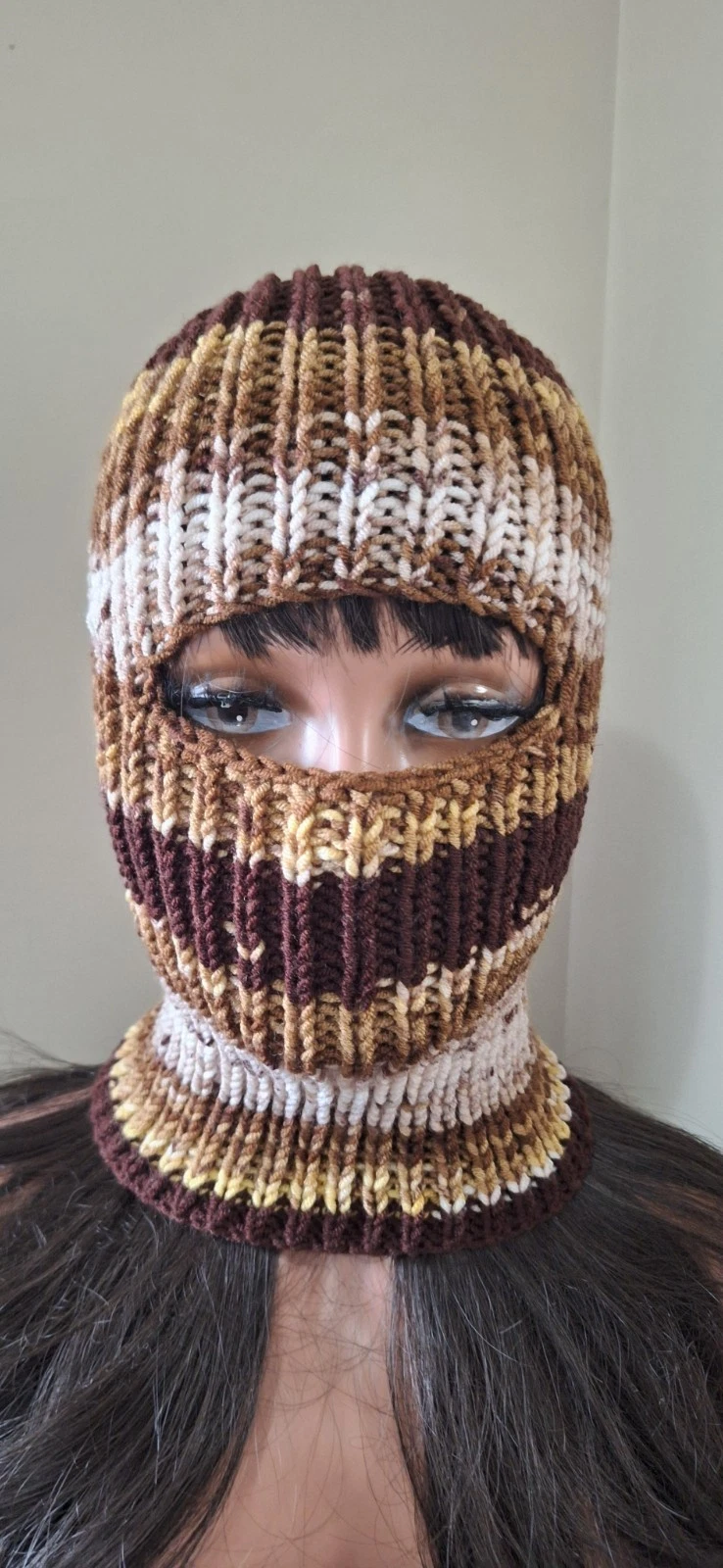 Brown Beige Gradient Knit Balaclava – Handmade Ski Mask Beanie – Unisex Hat