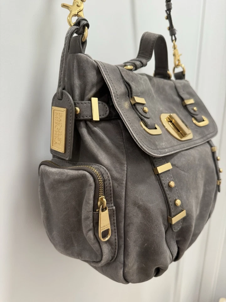 Badgley Mischka Stylish Gray Leather Shoulder Bag - Image 2 of 4