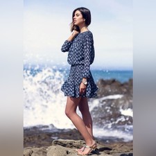 MICHAEL KORS Blue Crepe Long Sleeve Smocked Mini Dress | Size Small