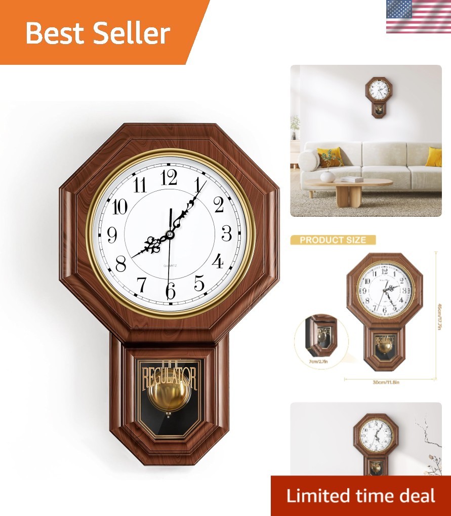 Whisper-Quiet Vintage Wall Clock with Pendulum - Ideal for Living Room & More