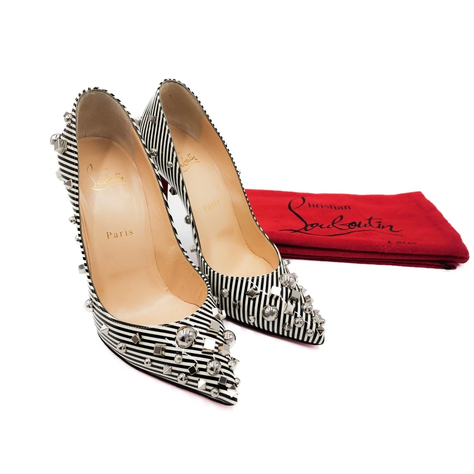 Zapatos de tacón Christian Louboutin negros blancos a rayas charol con tachuelas 38,5 Foto 2 de 4