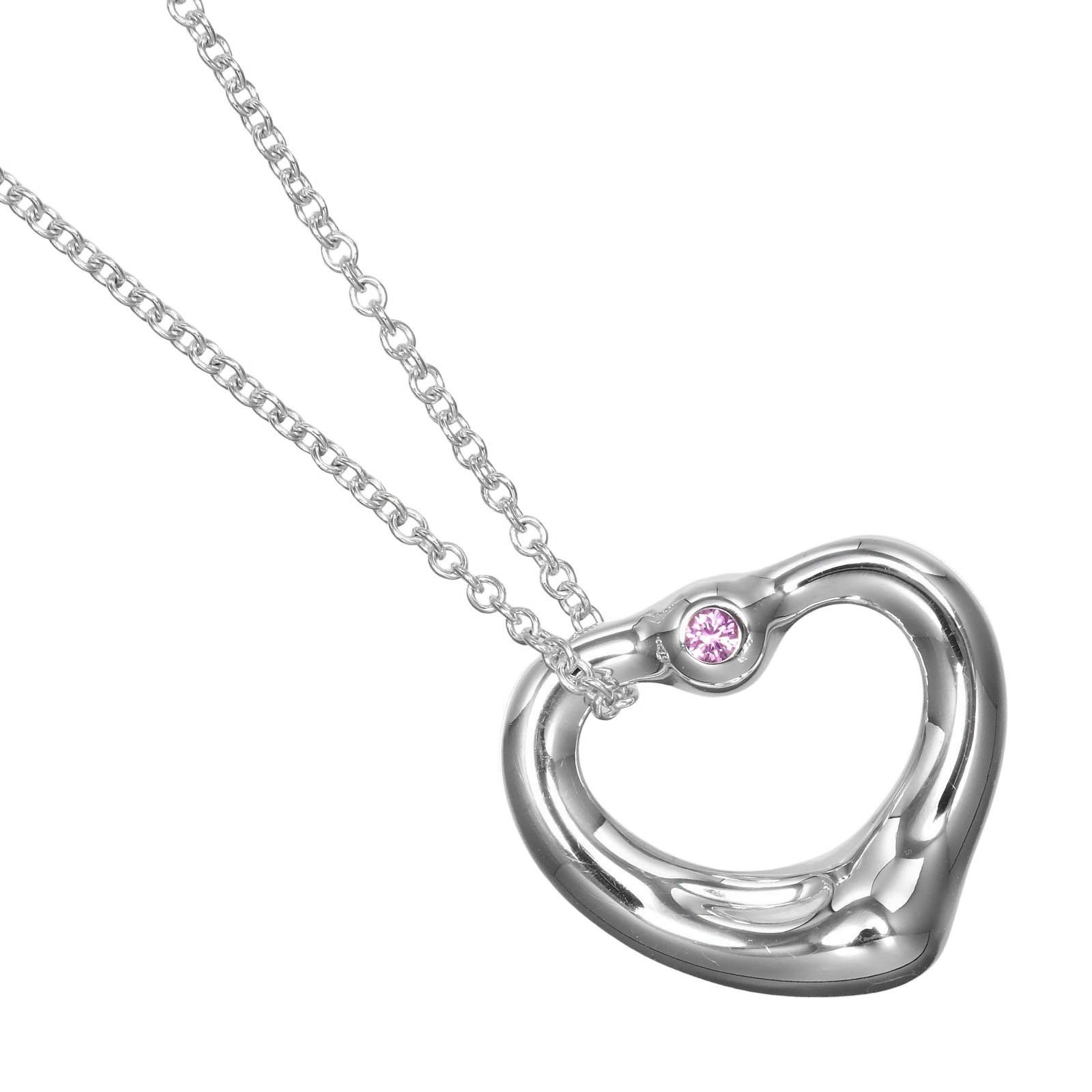 Tiffany & Co. Elsa Peretti Open Heart Pendant Necklace Sterling Silver With Pink Sapphire Silver Silver Necklace Jewelry (Pre-Owned)