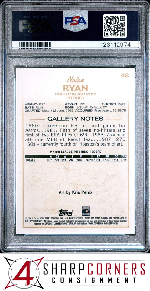 2018 TOPPS GALLERY #48 NOLAN RYAN HOF PSA 10 - Image 2 of 3
