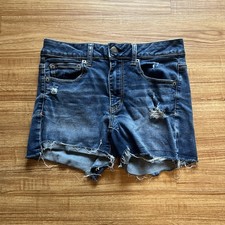 American Eagle Hi-Rise Shortie Shorts Womens 6 Blue Denim Distressed Cutoff