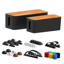 Cable Management Box 2 Pack with 16 Cable Clips Set-Large & Medium & Black