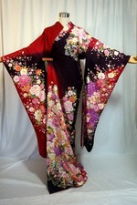Japanese kimono SILK"FURISODE,GLD leaf,Silver thread,Gin-TOOSHI,Lsize,L5'5".4697