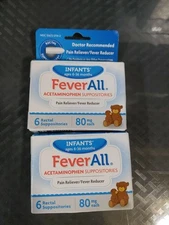 2x FeverAll Infants Acetaminophen rectal suppositories 80mg 6ct Ea Exp 04/27 #L4