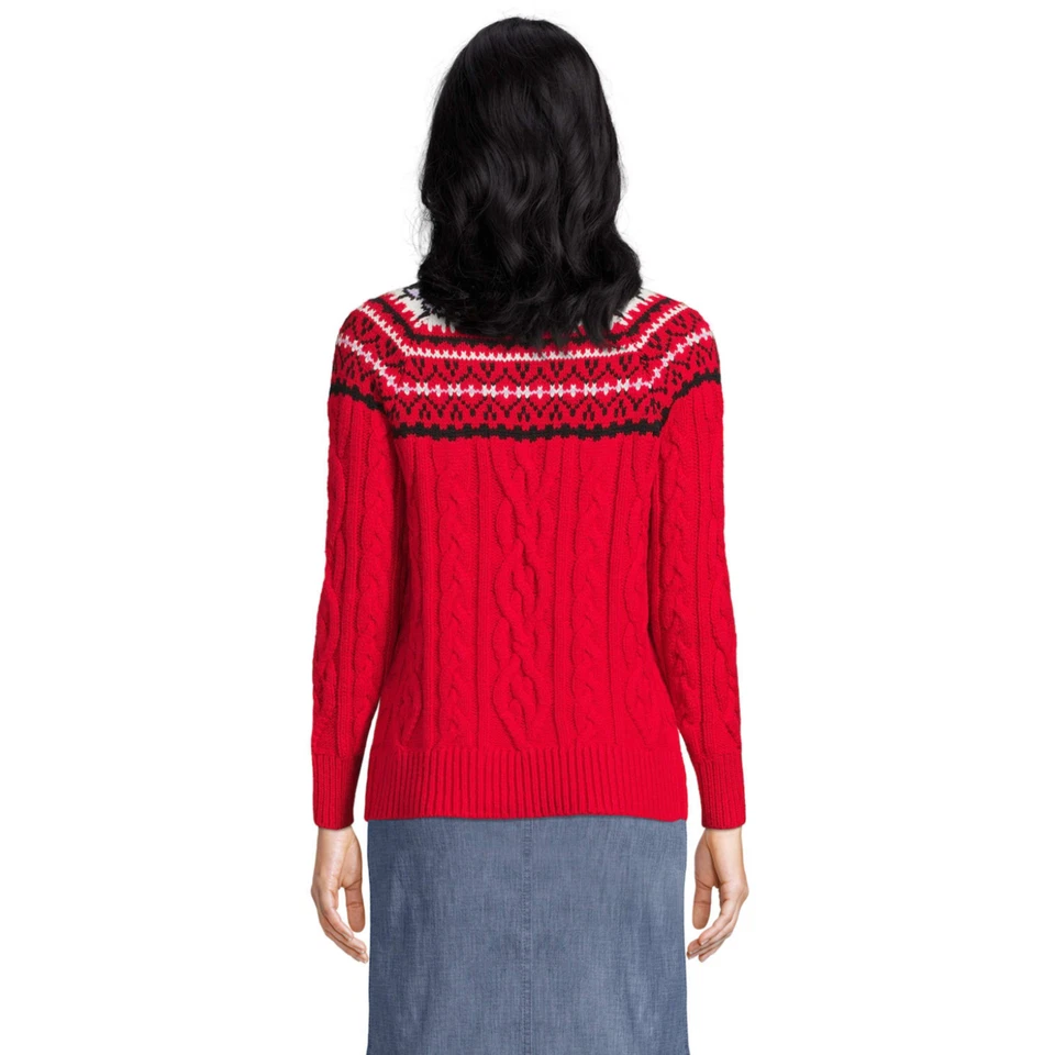 Lands End Cardigan Fair Isle Chunky Knit Medium Red Thick - Image 4 of 4