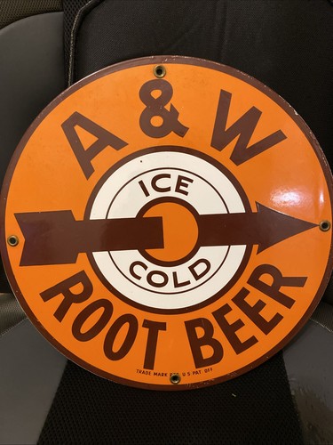 VTG A&W Ice Cold Root Beer Orange Sign Porcelain & Metal Tin