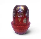 Fenton Hand-Painted Ruby Iridescent Glass Votive | Floral Gold Accents Signed