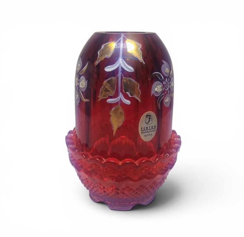 Fenton Hand-Painted Ruby Iridescent Glass Votive | Floral Gold Accents Signed