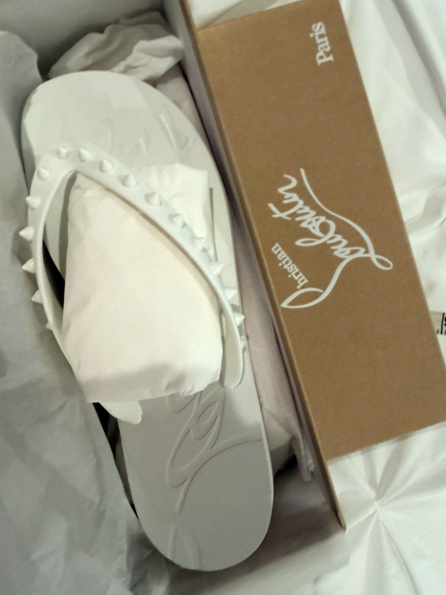 Christian Louboutin LOUBI Spikes White Flip Flop Rubber Sandal