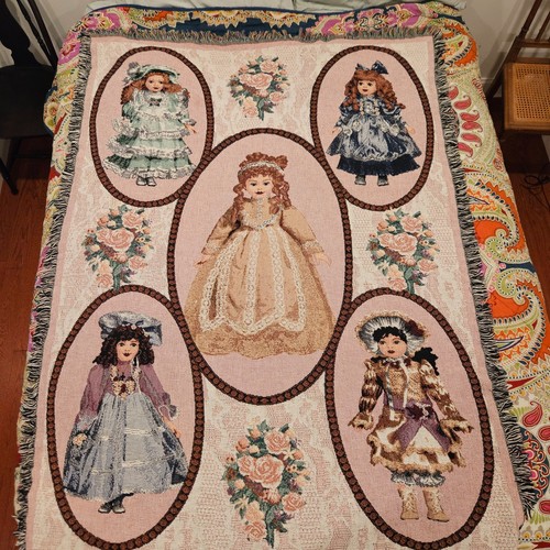 Vintage Chatham Porcelain Dolls Tapestry Cotton Woven Throw Blanket 48x67"