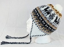 Colorful Soft Alpaca Chullo White Beanie Pom Pom Earflap Unisex Handmade Boho