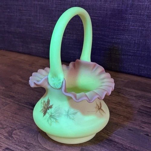 Vintage Fenton Burmese Uranium Glass Basket Autumn Leaves 7.5” Tall