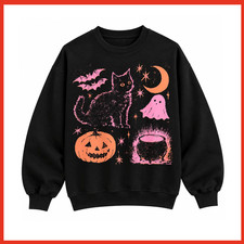FREESHIP - Halloween Black Cat Sweatshirt, Ghost Pumpkin Witchy Graphic Crewneck