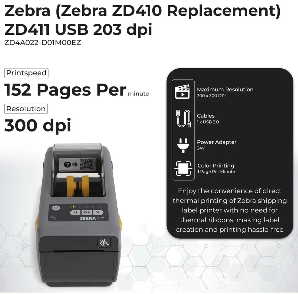 Zebra ZD411 Network Pro (Zebra ZD410 Replacement) Direct Thermal ZD4A022-D0100EZ - Image 3 of 4