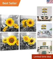 Rustic Floral Wall Art - 4 Panels Sunflower Watercolor Canvas, Waterproof Finish