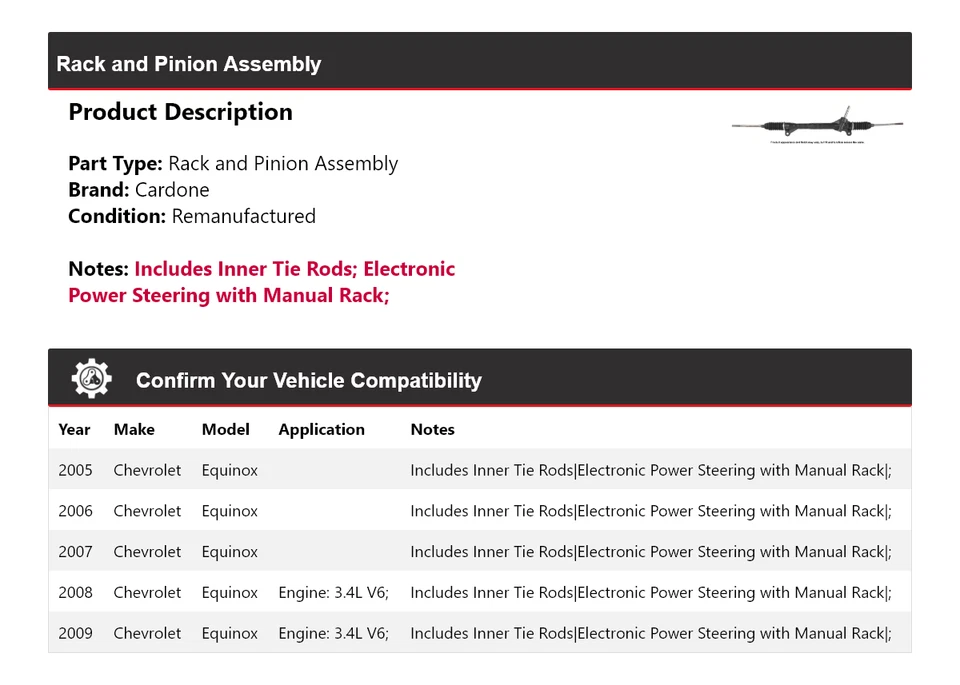 Montaje de piñón y cremallera para Chevrolet Equinox 2005-2009 Cardone 2006 2007 2008 Foto 2 de 4