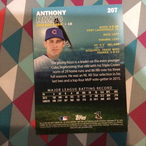 ANTHONY RIZZO #207 CUBS Star MVP 2016 Topps Stadium Club 5X7 Gold 10/10 Made - Picture 2 of 2