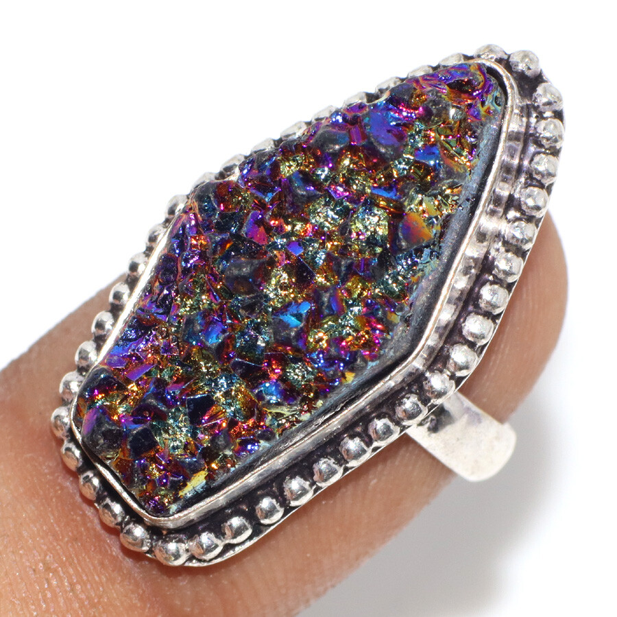 925 Silver Plated Titanium Druzy Ethnic Ring Handmade Jewelry Size Us 5.5 JW