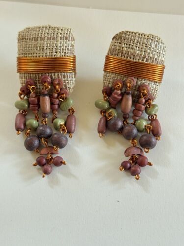 Boho Earrings VTG Wood Copper Pierced Rare Chunky Waterfall Dangle Statement Big - Picture 4 of 8