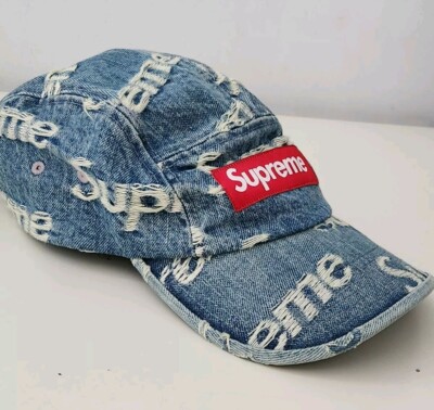 SS21 Supreme Frayed Logos Denim Camp Cap Blue Hat New Red