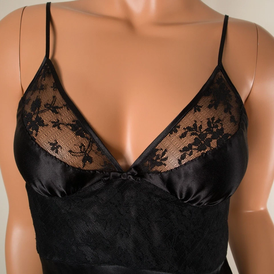 💖 BETSEY JOHNSON Camisón Babydoll Negro Íntimo Satinado Encaje Corpiño Cuello en V S Foto 4 de 4