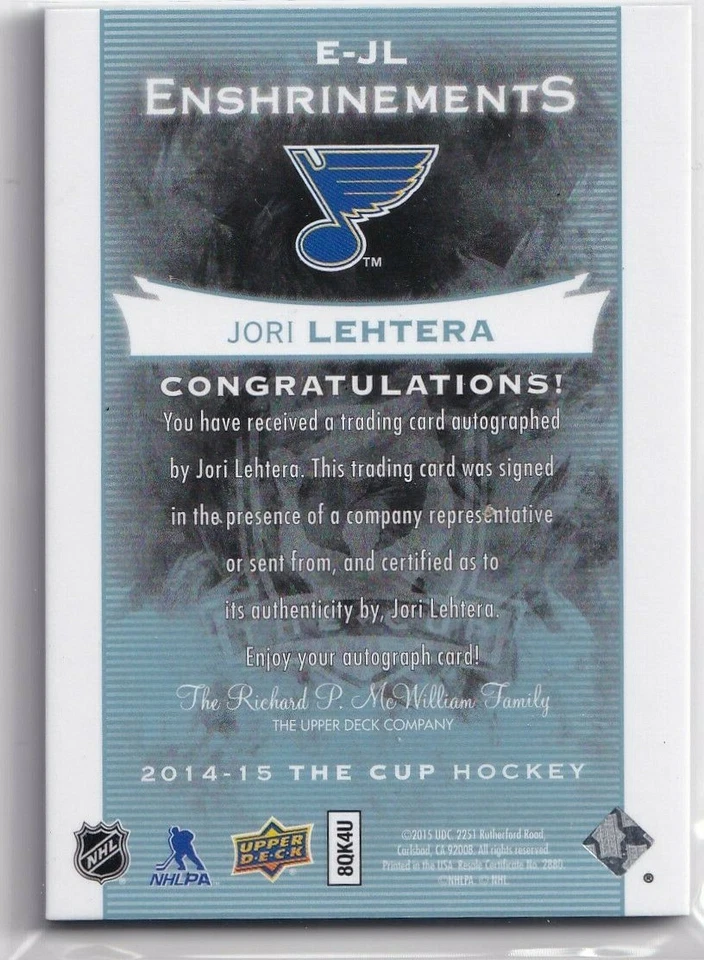 2014-15 The Cup Enshrinements #EJL Jori Lehtera Rookie RC Auto 88/99 Blues - Image 2 of 2