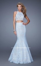 NWT La Femme Two Piece Powder Blue Lace Mermaid Skirt Halter Prom Dress Gown 6