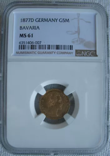 1877-D German Bavaria Gold 5 Mark NGC MS-61