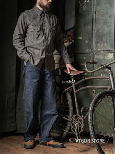 Rugged Bronson Bellow Pocket Work Shirt 30s Vintage Style Salt & Pepper Workwear - Picture 3 of 25