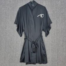 Vintage Natori Robe Womens Small Black Satin Kimono Sleeve AD Monogram
