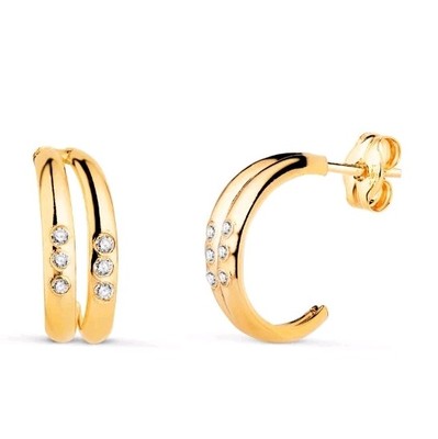 Pendientes oro 18k 750 Mls. Doble Aro Con Circonitas. 13x4,5 MM. 