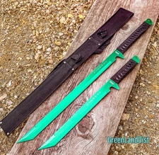 2PC SET 26'' & 18" Ninja Samurai Katana Swords Machete Full Tang Blade Green