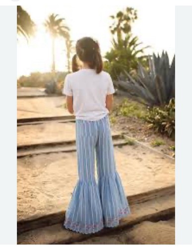 Sz 8 WILDFLOWERS Girls Blue Stripe Bellbottom Flare Pants Embroidered