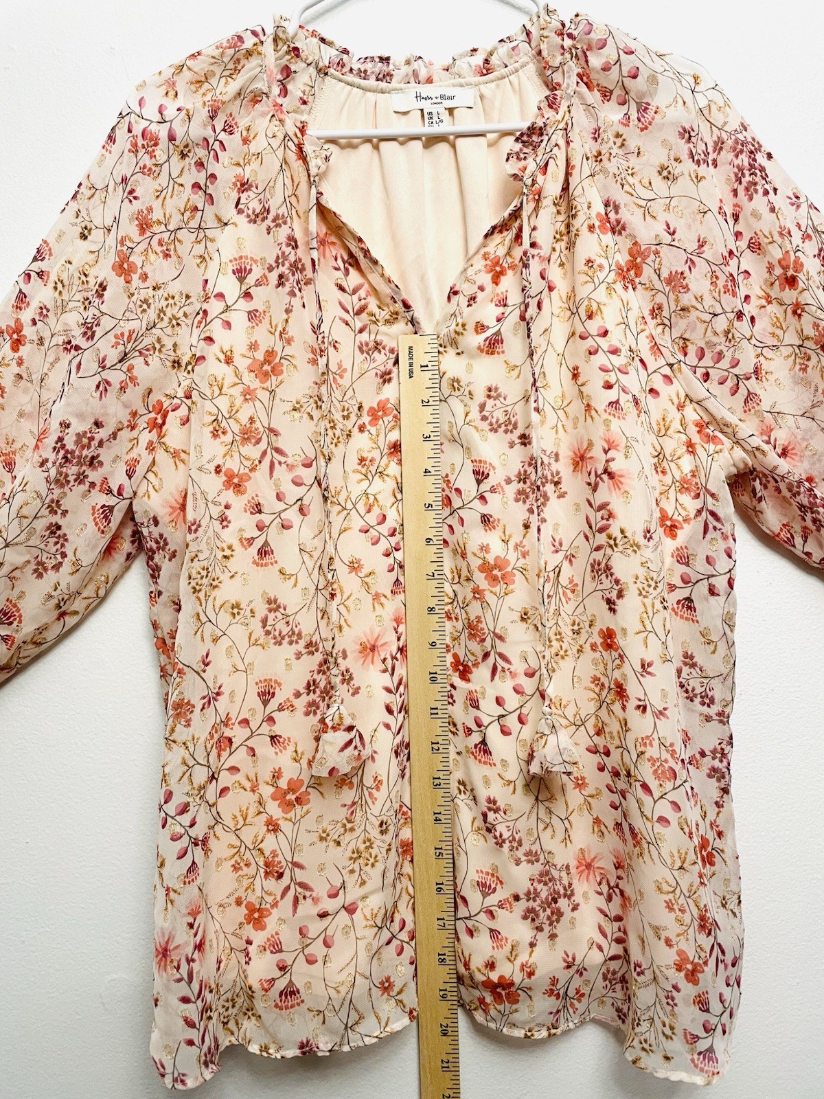 Haver & Blair Blouse Floral Print Color Pink Relaxed Tie Front Long Sleeve Sz L