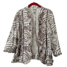 Chico s Open Front Linen Jacket Size 3 XL Animal Print Light Weight Ruffle Trim