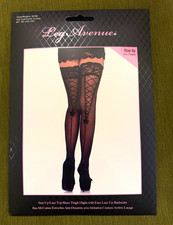 Leg Avenue Sheer Lace Trim Stay Up Thigh Highs Faux Lace Up Backseam Black 9098
