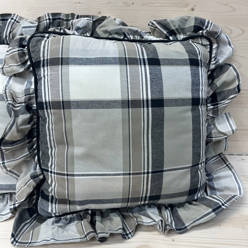 Waverly Throw подушки комплект из 2 бежевый черный клетку хлопок оборки 16 x 16 - Изображение 2 из 4